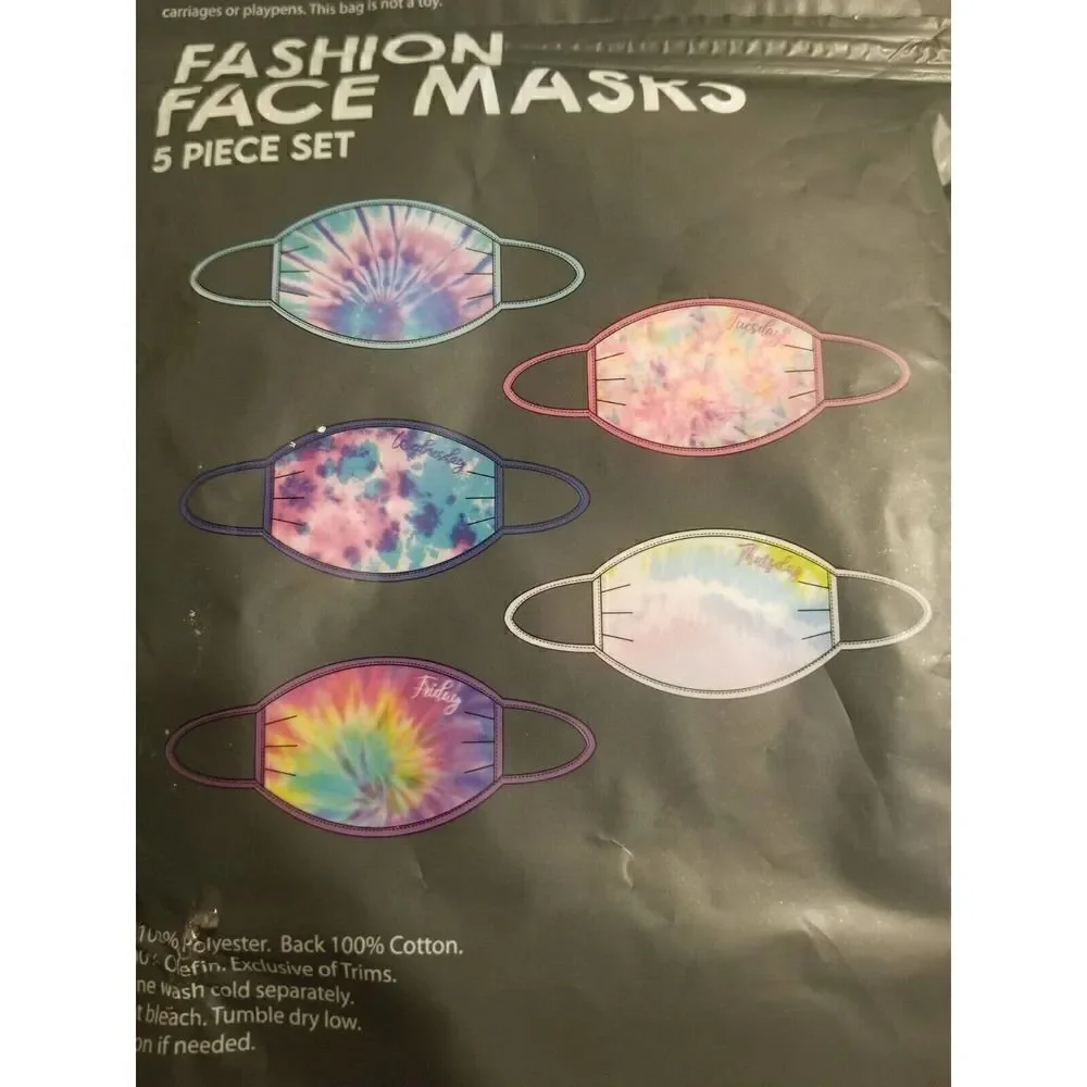 Tie Dye Pink Blue Purple Women's Face Masks 5 Piece Day of Week Washable Adult